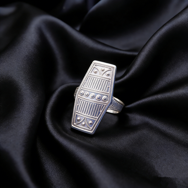 Handmade Ethnic Tribal Carved Statement Ring Vintage Geometric Rectangle Embossed Dot Line Pattern Adjustable Open Band Women Bohemian Fashion Jewelry Gift - 图片 4
