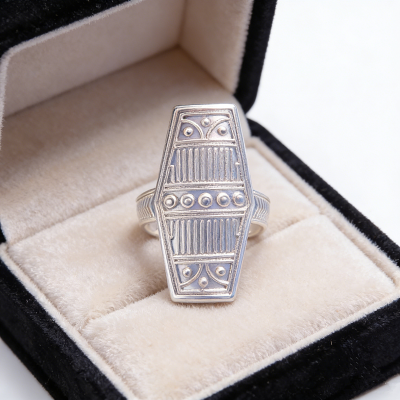 Handmade Ethnic Tribal Carved Statement Ring Vintage Geometric Rectangle Embossed Dot Line Pattern Adjustable Open Band Women Bohemian Fashion Jewelry Gift - 图片 7