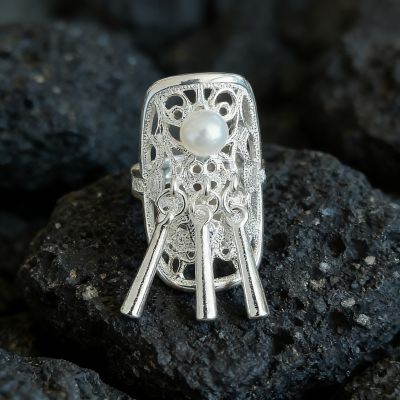 Vintage Hollow Filigree Pearl Tassel Statement Ring | Silver Tone Alloy Adjustable Open Band Boho Ethnic Women Dangle Finger Jewelry